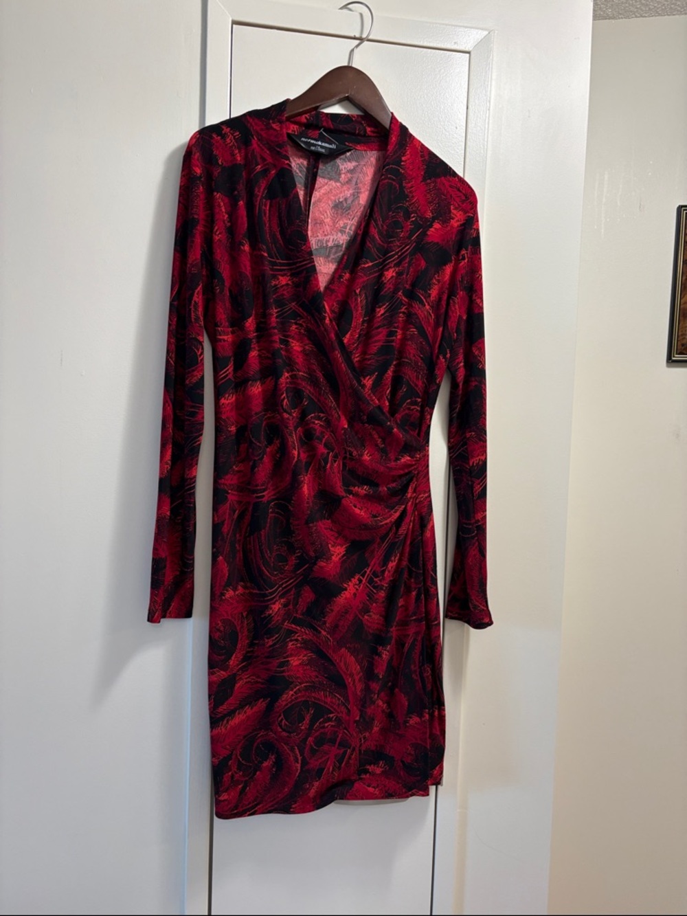 Norma Kamali Red & Black Wrap-Style Long Sleeve Dress
